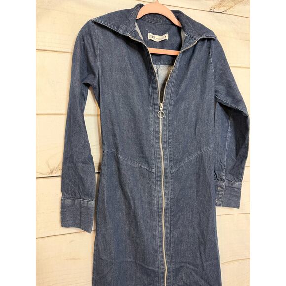 ZARA Dark Denim Dress Size SM Zipper Front Collared - Picture 5 of 5